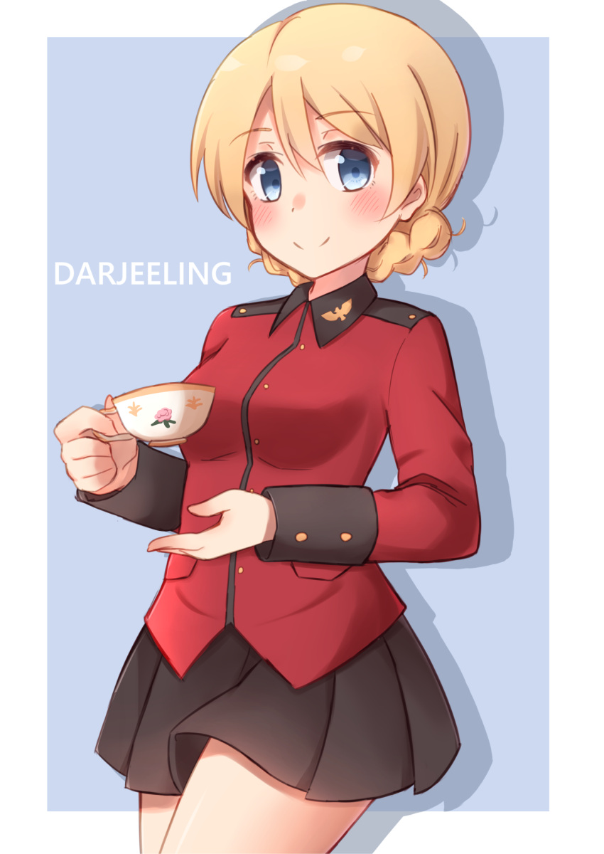 1girl bangs black_skirt blonde_hair blue_background blue_eyes braid character_name closed_mouth cowboy_shot cup darjeeling epaulettes girls_und_panzer highres holding jacket kapatarou long_sleeves looking_at_viewer military military_uniform miniskirt outside_border pleated_skirt red_jacket shadow short_hair skirt smile solo st._gloriana's_military_uniform teacup tied_hair twin_braids uniform