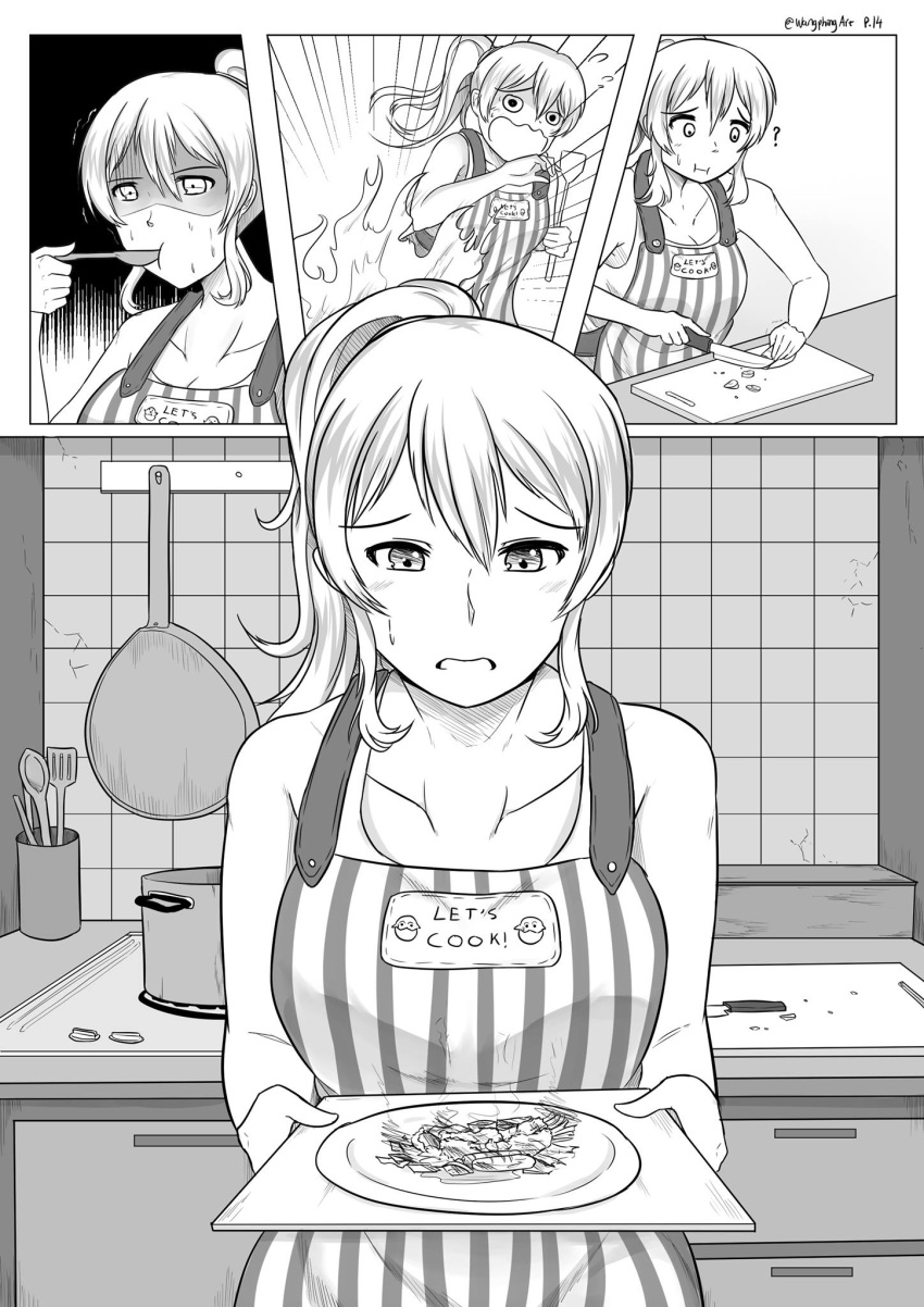 10s 1girl ? alternate_hairstyle apron casual comic commentary cooking fire frying_pan highres kantai_collection kashima_(kantai_collection) ponytail pot wangphing