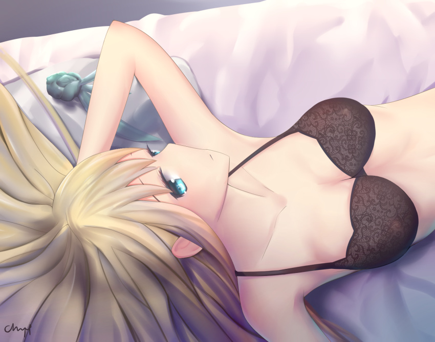 1girl arm_up armpits bed_sheet black_bra blonde_hair blue_eyes bra breasts chyt cleavage collarbone crease eyelashes hand_on_head highres lexington_(zhan_jian_shao_nyu) light long_hair looking_at_viewer looking_to_the_side lying medium_breasts on_back on_bed reclining solo underwear upper_body zhan_jian_shao_nyu
