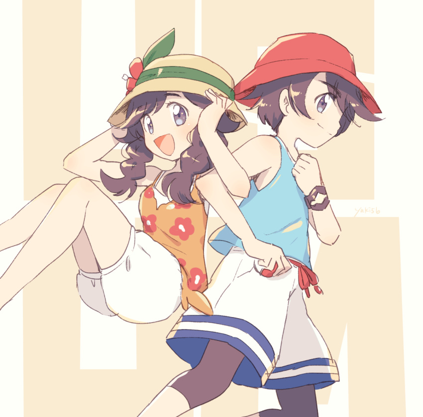 1boy 1girl black_hair braid bucket_hat female_protagonist_(pokemon_ultra_sm) grey_eyes hat legwear_under_shorts long_hair male_protagonist_(pokemon_ultra_sm) pokemon pokemon_(game) pokemon_ultra_sm shorts sun_hat tank_top twin_braids yuki56 z-ring