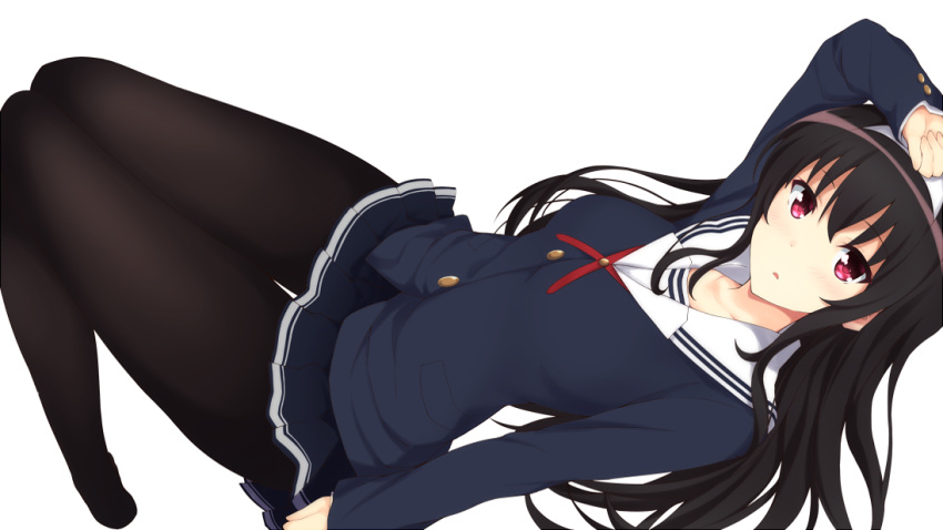 1girl :o arm_at_side arm_up bangs black_hair black_jacket black_legwear blazer blue_skirt blush boots buttons collarbone eyebrows_visible_through_hair hairband hand_on_own_head jacket jam_(jam0601) kasumigaoka_utaha long_hair long_sleeves looking_at_viewer looking_back looking_to_the_side lying miniskirt no_shoes on_back pantyhose parted_lips pink_eyes pleated_skirt saenai_heroine_no_sodatekata simple_background skirt solo white_background white_hairband