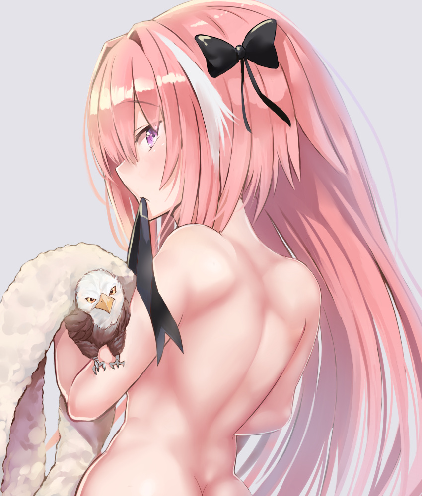 1boy ass bare_back bird blush bow butt_crack eagle fate/apocrypha fate_(series) hair_bow hair_down hair_ribbon highres i.f.s.f long_hair looking_back male_focus pink_hair profile ribbon rider_of_black solo towel trap violet_eyes