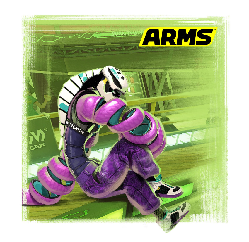 1boy arms_(game) dark_skin green_eyes helmet highres kid_cobra long_arms looking_at_viewer male_focus mask official_art solo