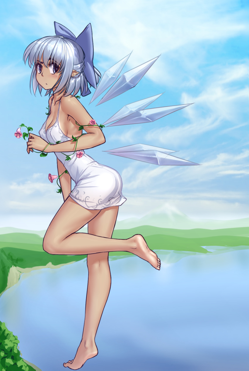 1girl armpits ass bare_arms bare_legs bare_shoulders barefoot blue_bow blue_eyes blue_sky blush bow breasts cirno cleavage closed_mouth clouds collarbone commentary day detached_wings dress expressionless eyebrows_visible_through_hair feet flower flying full_body hair_bow half_updo hater_(hatater) highres horizon ice ice_wings lake leaning_forward leg_up looking_at_viewer looking_to_the_side mountain outdoors plant pointy_ears reflection short_hair sky sleeveless sleeveless_dress small_breasts soles solo tan tanline tanned_cirno tareme touhou vines wings