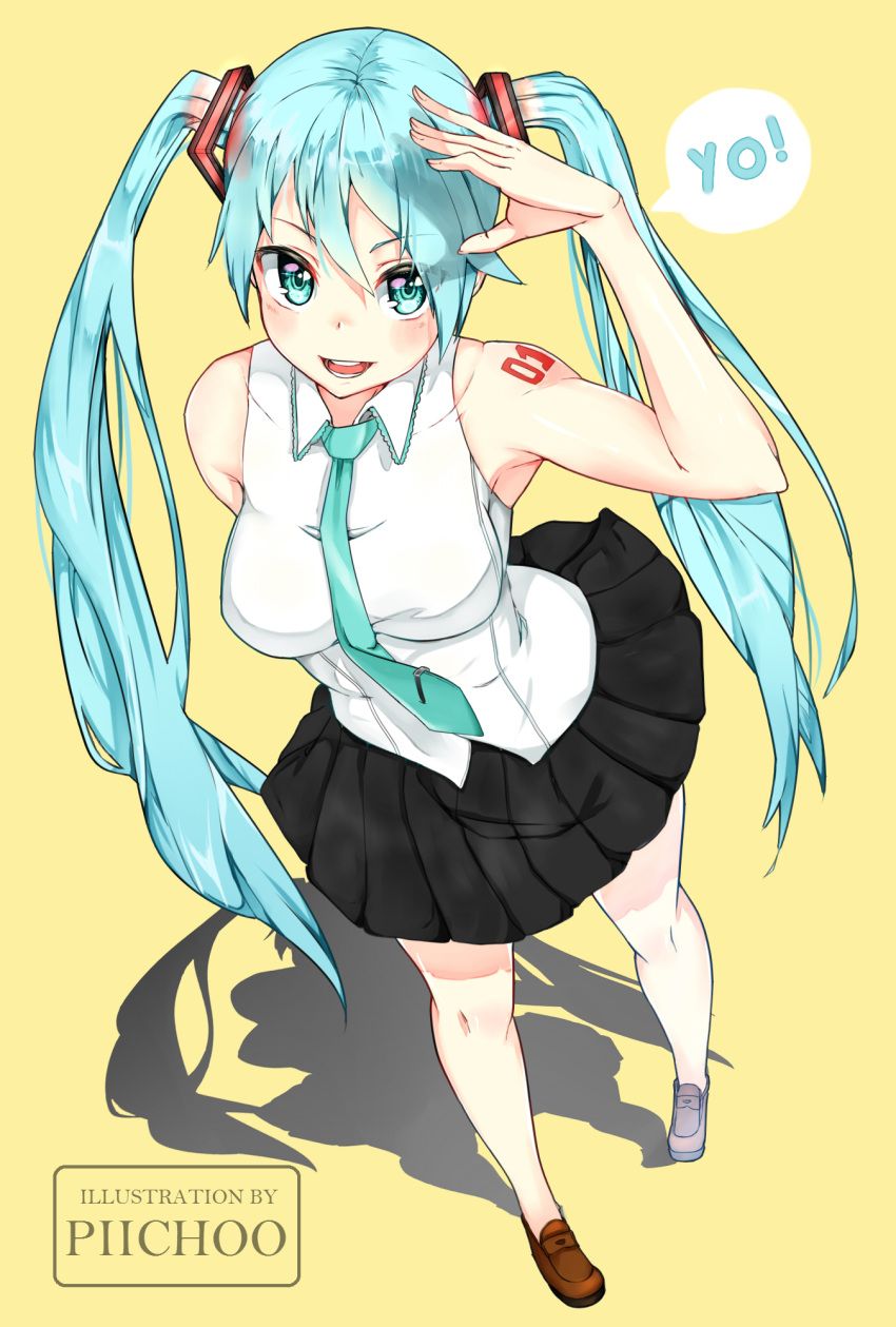 1girl aqua_eyes aqua_hair aqua_necktie artist_request bare_shoulders blush breasts contrapposto hatsune_miku highres long_hair looking_at_viewer medium_breasts necktie shadow shirt sleeveless sleeveless_shirt solo tattoo twintails vocaloid yellow_background