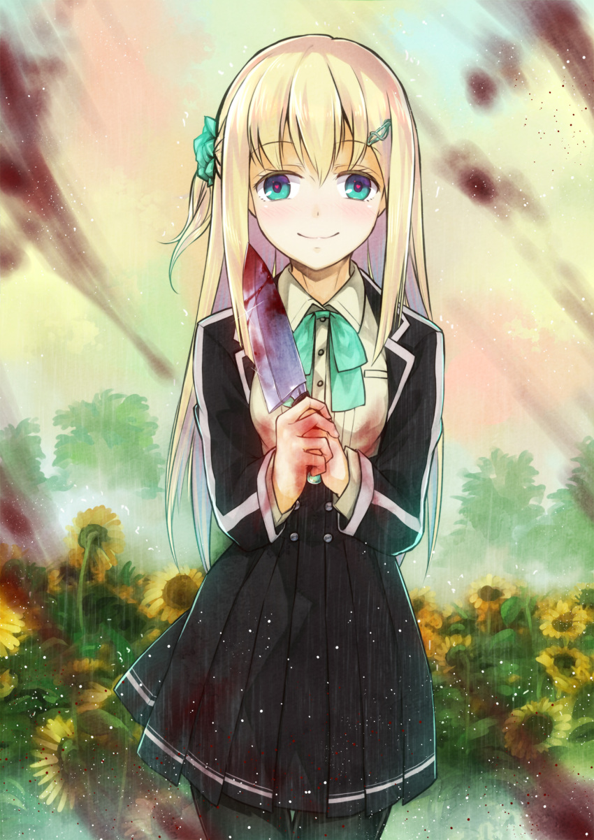 1girl black_legwear blonde_hair blood blue_eyes blush flower hair_ornament hairclip heart heart-shaped_pupils heiwari_kanade highres knife long_hair original pantyhose rain smile solo sunflower symbol-shaped_pupils uniform yandere