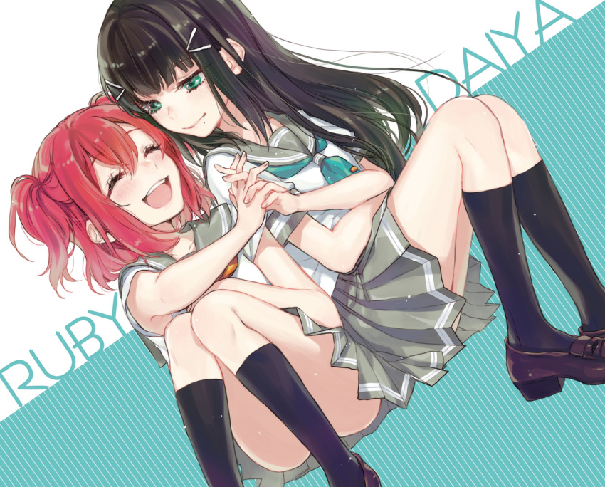 2girls :d ^_^ aqua_neckerchief bangs black_hair black_legwear brown_shoes character_name closed_eyes convenient_leg crossed_arms dutch_angle green_eyes hair_between_eyes hair_ornament hairpin hand_holding kneehighs kurosawa_dia kurosawa_ruby loafers long_hair looking_at_another love_live! love_live!_sunshine!! miniskirt mole mole_under_mouth multiple_girls neckerchief open_mouth pleated_skirt redhead school_uniform serafuku shoes short_sleeves siblings sisters sitting skirt smile sudach_koppe tie_clip two_side_up