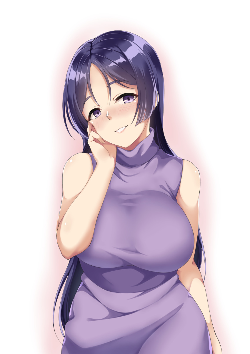 1girl arm_at_side bangs bare_shoulders blush breasts commentary_request eyebrows_visible_through_hair fate_(series) hand_on_own_face head_tilt highres large_breasts long_hair looking_at_viewer minamoto_no_raikou_(fate/grand_order) parted_bangs parted_lips simple_background sleeveless sleeveless_turtleneck smile solo spicy_moo sweater teeth turtleneck turtleneck_sweater very_long_hair violet_eyes