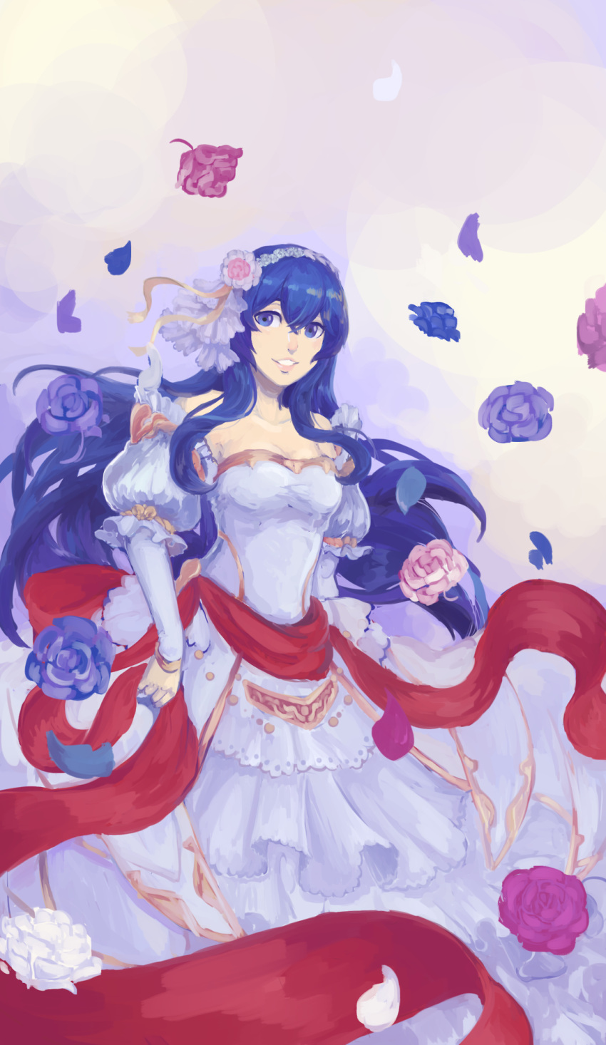 1girl blue_eyes blue_hair dress fire_emblem fire_emblem:_kakusei fire_emblem:_mystery_of_the_emblem fire_emblem_heroes flower hair_flower hair_ornament highres kkonisa long_hair looking_at_viewer petals sheeda solo wedding_dress white_dress