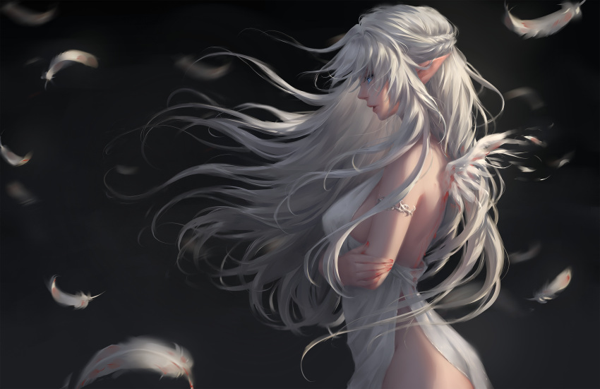 1girl angel angel_wings armlet bare_shoulders blood blue_eyes braid breasts chuby_mi crossed_arms dress feathered_wings feathers floating_hair from_side highres large_breasts long_hair looking_afar original parted_lips photoshop_(medium) pointy_ears side_slit silver_(metal) sleeveless sleeveless_dress solo white_dress white_hair wind wings