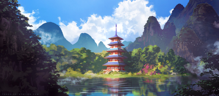 architecture artist_name bird blue_sky building clouds commentary day east_asian_architecture fog forest highres lake landscape mountain nature no_humans outdoors pagoda reflection scenery shore sky sylvain_sarrailh tohad water watermark web_address
