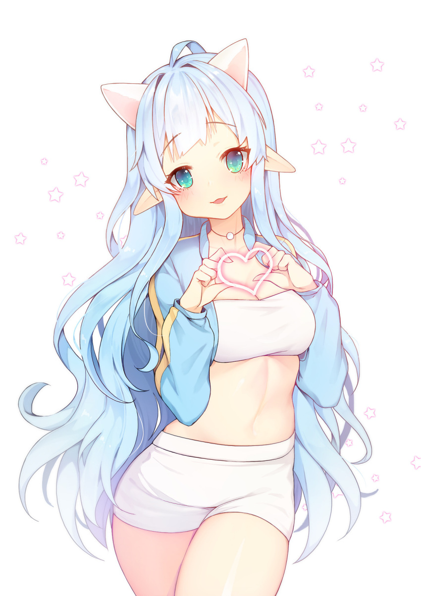 1girl animal_ears aqua_eyes blue_hair blush breasts cat_ears cleavage eyebrows_visible_through_hair heart highres long_hair looking_at_viewer medium_breasts multicolored multicolored_eyes navel open_mouth original pointy_ears smile solo star tp_(kido_94)