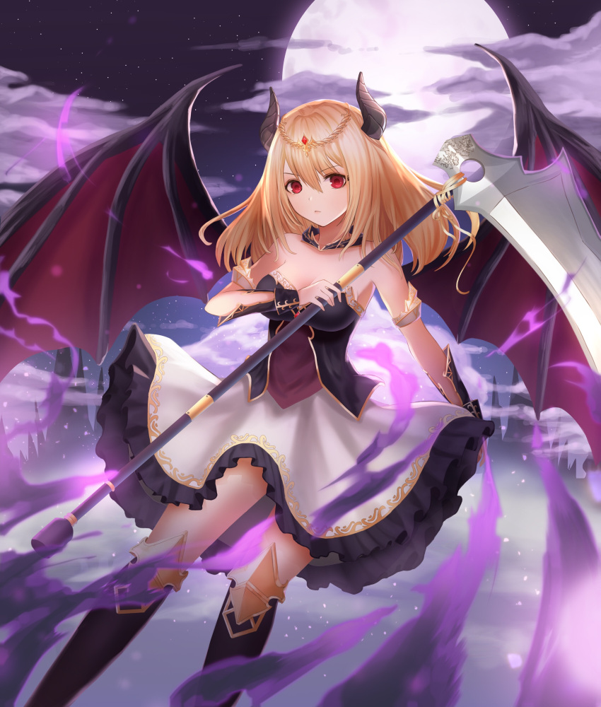 1girl absurdres armlet black_legwear blonde_hair breasts cleavage clouds demon_horns demon_wings highres holding_scythe horns looking_at_viewer medium_breasts moon nani_(goodrich) night night_sky original red_eyes scythe sky solo thigh-highs tiara wings wrist_cuffs