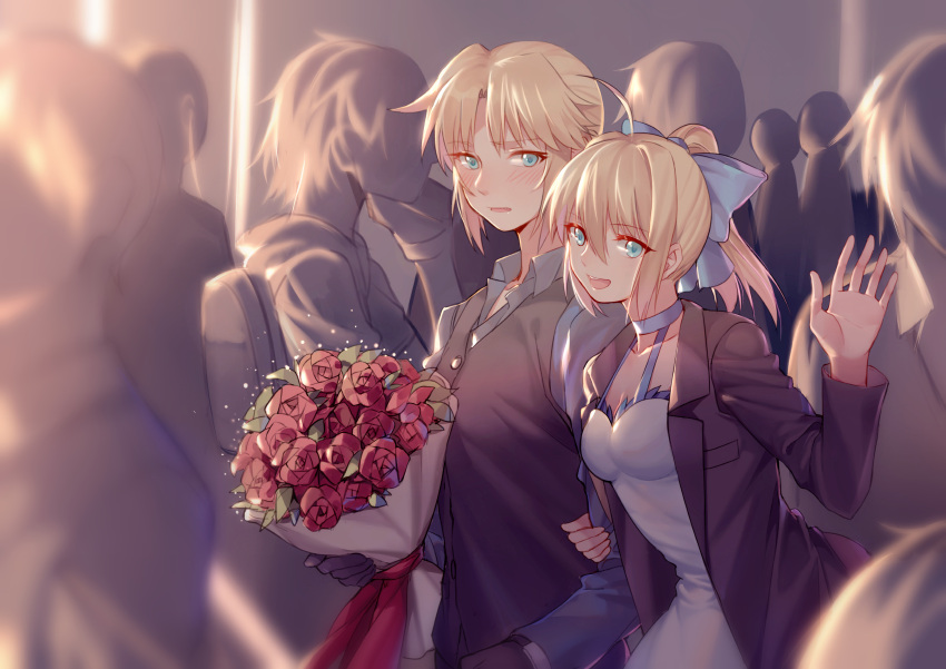 2girls absurdres bangs black_gloves blush bouquet breasts crowd dress embarrassed eyebrows_visible_through_hair fate/apocrypha fate/stay_night fate_(series) flower formal gloves hair_between_eyes hand_up highres holding holding_bouquet incest jacket long_hair looking_at_viewer mother_and_daughter multiple_girls open_clothes open_jacket open_mouth parted_bangs parted_lips ponytail red_rose rose saber saber_(fate) saber_of_red sidelocks small_breasts smile suit teeth tuxedo upper_body white_dress yorukun yuri