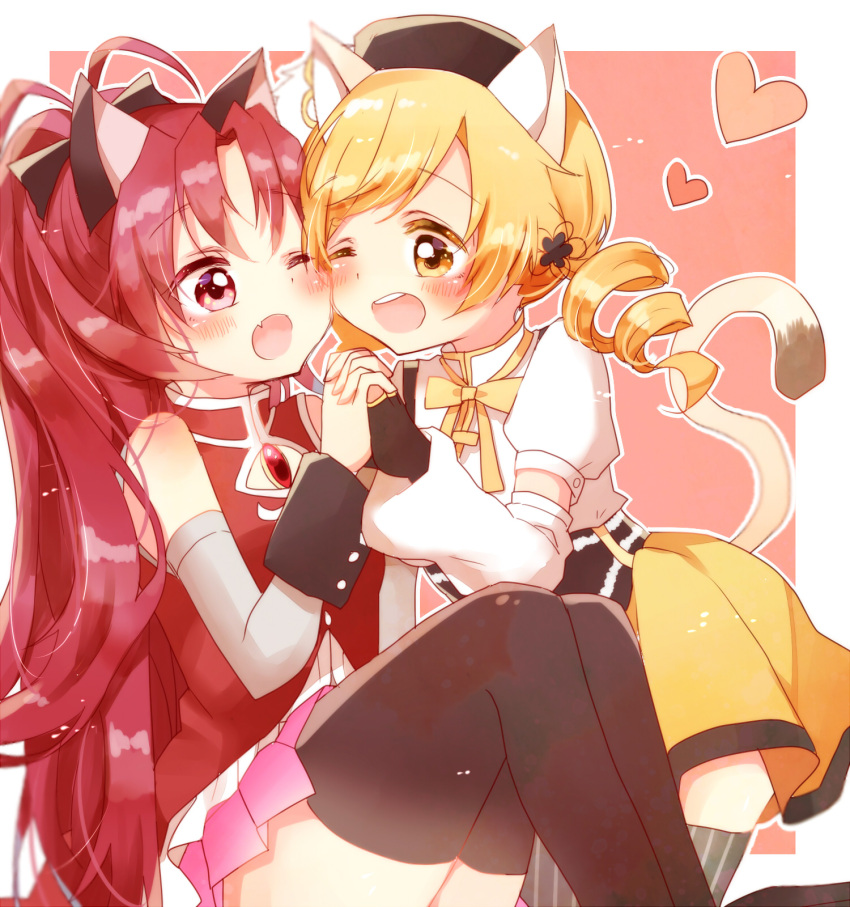 2girls ;o animal_ears antenna_hair bangs beret black_bow black_hair blonde_hair blush bow cat_ears cat_tail detached_sleeves drill_hair fang fingerless_gloves flower gloves hair_bow hair_flower hair_ornament hand_holding hat heart highres hyuuga_natsu_(natsuhyuga1123) interlocked_fingers kemonomimi_mode kneeling mahou_shoujo_madoka_magica miniskirt multiple_girls neck_ribbon one_eye_closed outline pink_skirt pleated_skirt red_eyes redhead ribbon sakura_kyouko sitting skirt soul_gem striped striped_legwear swept_bangs tail thigh-highs tomoe_mami twin_drills vertical-striped_legwear vertical_stripes white_outline yellow_eyes yellow_ribbon yellow_skirt yuri