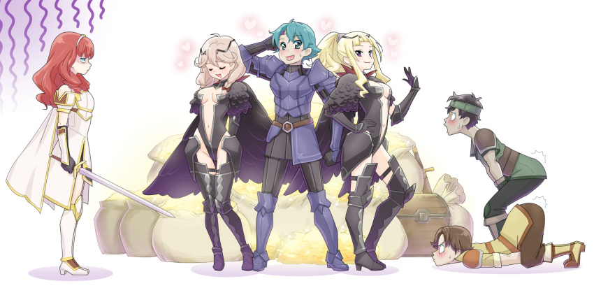 3boys 3girls alm_(fire_emblem) armor armored_boots black_hair black_wings blonde_hair blush boots bow braid breasts brown_eyes brown_hair cape celica_(fire_emblem) center_opening clair_(fire_emblem) cleavage closed_eyes crown dark_skin dress effie_(fire_emblem) feathered_wings fire_emblem fire_emblem_echoes:_mou_hitori_no_eiyuuou full_body gloves gold green_eyes green_hair grey_(fire_emblem) groin hand_behind_head headband heart high_heels highres jealous jewelry long_hair medium_breasts multiple_boys multiple_girls open_mouth ponytail red_eyes redhead revealing_clothes smile surprised sweatdrop thigh-highs thigh_boots tiara tobin_(fire_emblem) tuqi_pix twin_braids wings