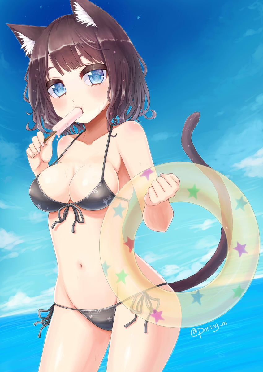 1girl absurdres animal_ears beach bikini black_bikini blue_eyes breasts brown_hair cat_ears cat_tail cleavage cowboy_shot day floral_print food front-tie_top highres innertube looking_at_viewer medium_breasts miyamae_porin navel original outdoors popsicle short_hair side-tie_bikini solo standing swimsuit tail wet