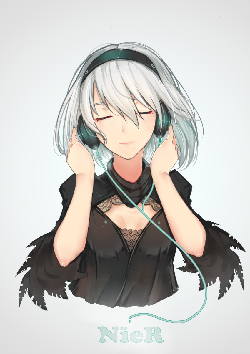 1girl 7t absurdres adapted_costume bangs black_shirt breasts cable cleavage_cutout closed_mouth copyright_name drag-on_dragoon feather-trimmed_sleeves feather_trim hair_between_eyes hands_on_headphones hands_up headphones highres juliet_sleeves long_sleeves mole mole_under_mouth nier_(series) nier_automata no_blindfold pink_lips puffy_sleeves shirt short_hair silver_hair small_breasts smile solo upper_body yorha_no._2_type_b