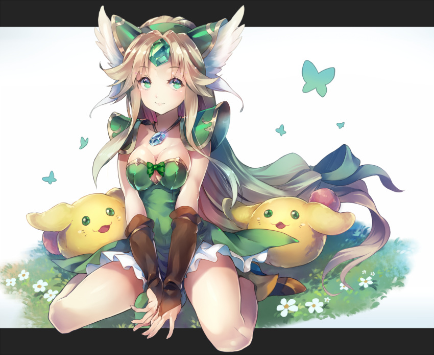 1girl blonde_hair blush breasts brown_gloves brown_hair cleavage cleavage_cutout deecha elbow_gloves eyebrows_visible_through_hair fingerless_gloves full_body gem gloves green_eyes jewelry large_breasts long_hair looking_at_viewer necklace rabite riesz seiken_densetsu seiken_densetsu_3 seiza sitting smile solo very_long_hair