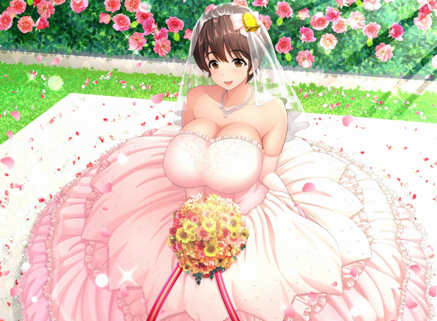 1girl :d alternate_costume arm_at_side bare_shoulders bell blush bouquet bow breasts bridal_veil brown_hair bush cleavage cobblestone collarbone cow_bell dress elbow_gloves eyebrows_visible_through_hair falling_petals flower gloves grass hair_bell hair_bow hair_ornament holding holding_bouquet huge_breasts idolmaster idolmaster_cinderella_girls jewelry layered_dress light_particles long_dress looking_at_viewer necklace oikawa_shizuku open_mouth outdoors pearl_necklace petals pink_flower pink_rose red_flower rose rose_bush short_hair smile solo sparkle standing sunlight umasan veil wedding wedding_dress white_bow white_dress white_gloves yellow_eyes yellow_flower