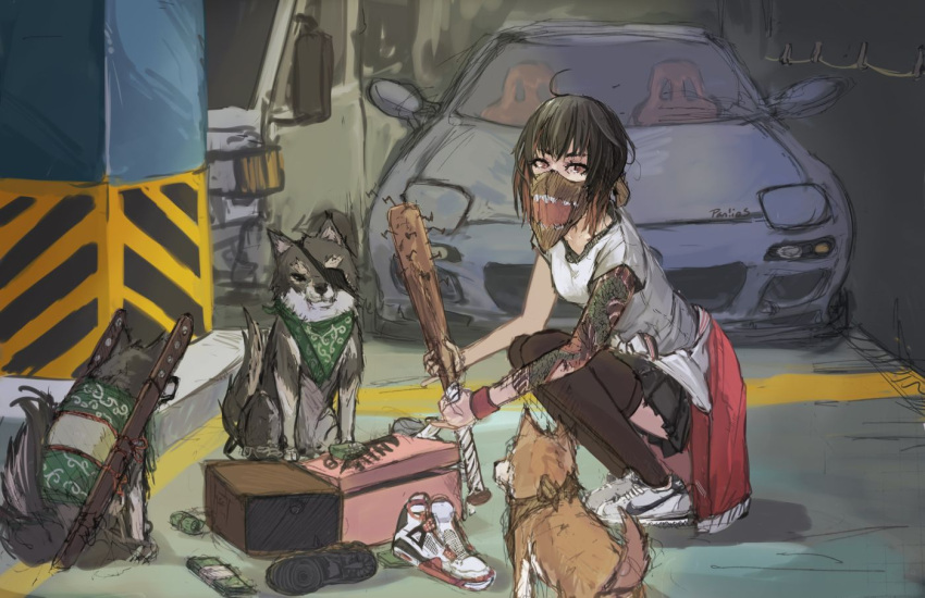 1girl baseball_bat black_hair black_legwear brown_eyes car clothes_around_waist dog eyepatch ground_vehicle long_hair looking_at_viewer mask money motor_vehicle nail nail_bat panties_(pantsu-pirate) pleated_skirt sheath sheathed shoes skirt sneakers squatting tattoo thigh-highs