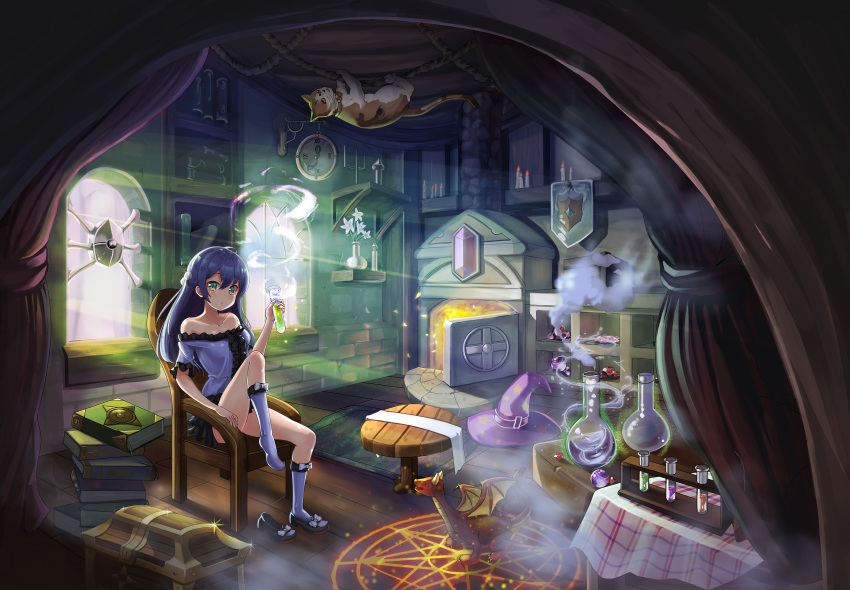 1girl 2drr absurdres alchemy animal bare_shoulders black_shoes black_skirt blouse blue_hair blue_legwear book book_stack candle cat chair chest clock curtains dragon eyebrows_visible_through_hair fantasy flower furnace green_eyes hat hat_removed headwear_removed highres indoors kneehighs long_hair looking_at_viewer magic_circle off_shoulder original purple_hat round-bottom_flask shelf shoes short_sleeves single_shoe sitting skirt smoke solo table tablecloth test_tube treasure_chest vase vial wall_clock window witch_hat wooden_floor