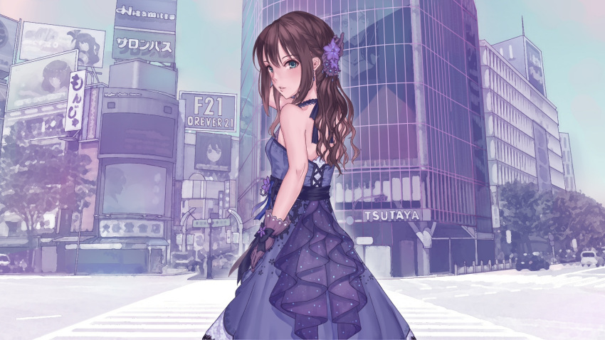 1girl blue_dress brown_hair commentary_request dress flower gloves green_eyes hair_flower hair_ornament highres idolmaster idolmaster_cinderella_girls idolmaster_cinderella_girls_starlight_stage long_hair looking_back roki_(0214278) shibuya_rin solo too_literal