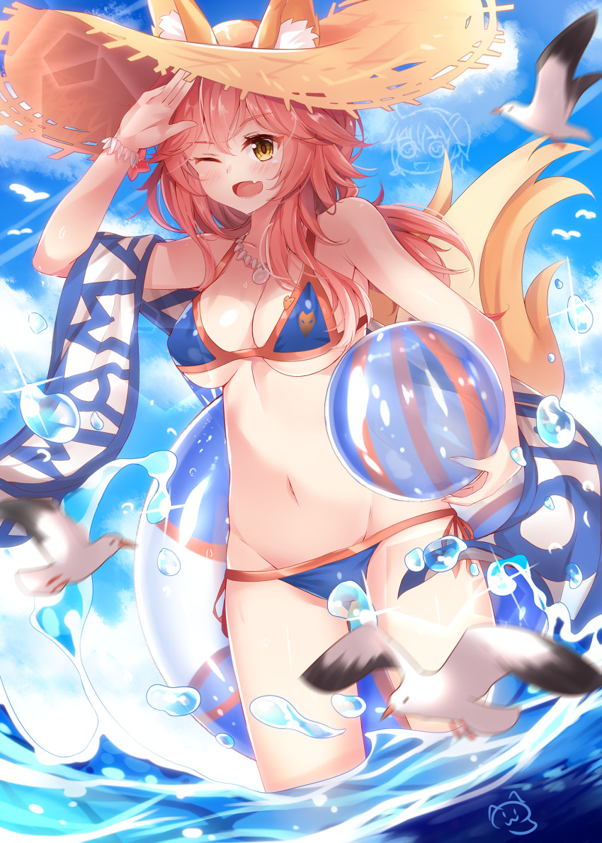 &gt;;d 1girl ;d animal_ears animal_print arm_up ball beachball bikini bird blue_bikini blue_sky bracelet breasts cleavage clouds collarbone day ears_through_headwear eyebrows_visible_through_hair fang fate/grand_order fate_(series) fox_ears fox_tail fujimaru_ritsuka_(female) groin hat highres holding innertube jewelry large_breasts lens_flare long_hair looking_at_viewer motion_blur nahaki navel necklace one_eye_closed open_mouth outdoors pink_hair riyo_(lyomsnpmp)_(style) side-tie_bikini signature sky smile solo sparkle standing straw_hat sun_hat swimsuit tail tamamo_(fate)_(all) tamamo_no_mae_(swimsuit_lancer)_(fate) wading water water_drop yellow_eyes