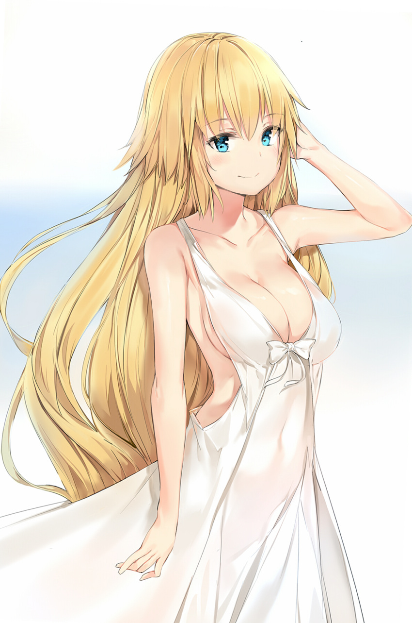 1girl arm_up backless_outfit bare_shoulders blonde_hair blue_eyes breasts casual cleavage closed_mouth collarbone dress eyebrows_visible_through_hair fate/apocrypha fate/grand_order fate_(series) highres large_breasts light_smile long_hair looking_at_viewer ruler_(fate/apocrypha) silver_(chenwen) smile solo white_dress