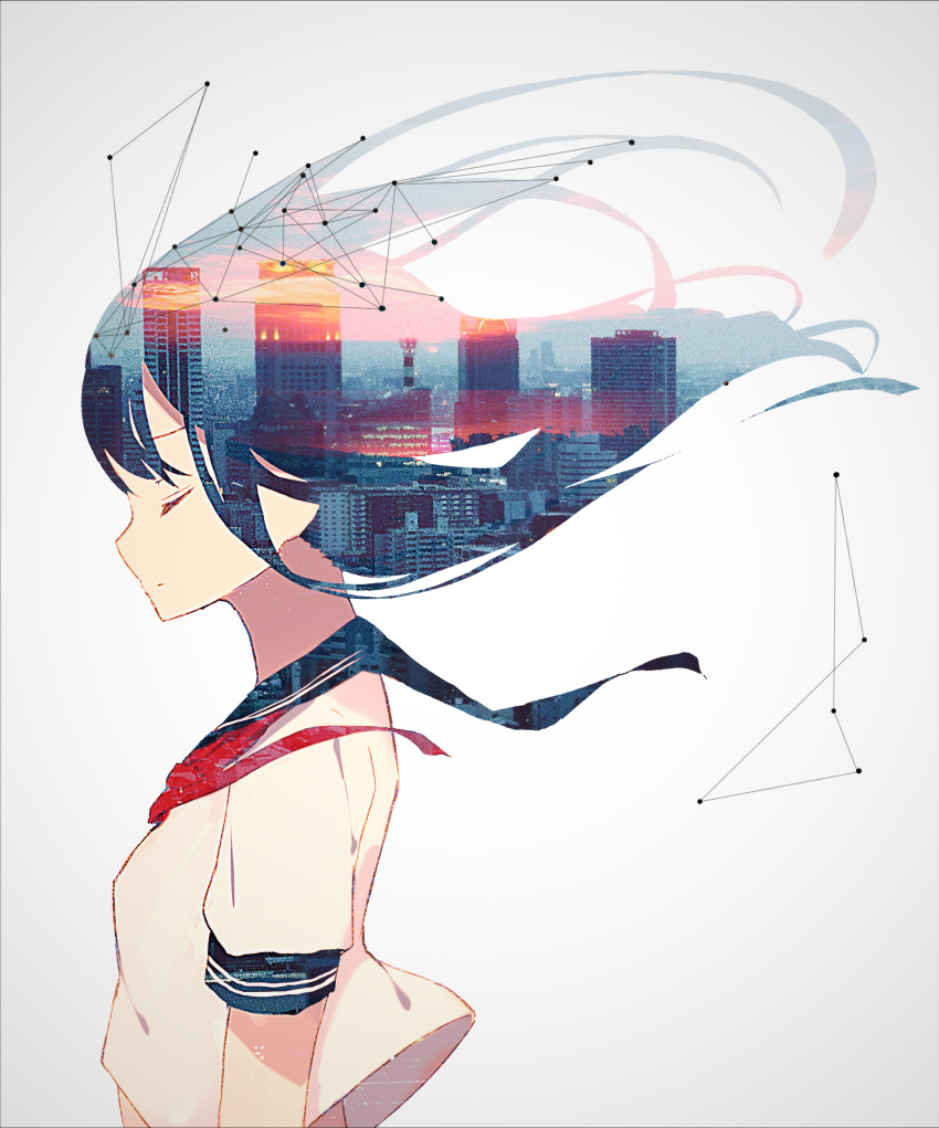 1girl bangs cityscape closed_eyes closed_mouth double_exposure enj! floating_hair from_side highres long_hair neckerchief original profile red_neckerchief school_uniform serafuku short_sleeves solo upper_body