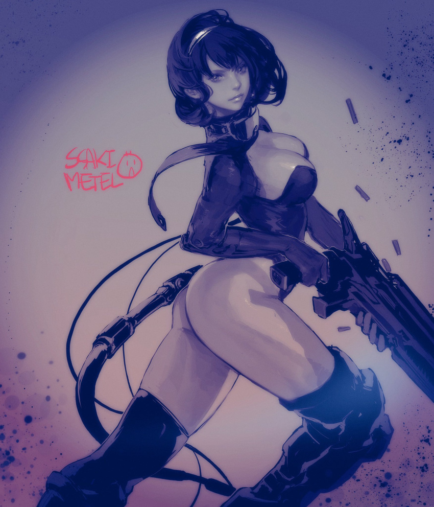 1girl artist_name ass black_hair black_legwear boots breasts cable cleavage_cutout cowboy_shot finger_on_trigger from_side goggles goggles_around_neck gun hairband highleg highleg_leotard highres holding holding_gun holding_weapon knee_pads legs_apart leotard lips long_sleeves looking_at_viewer medium_breasts monochrome nose original rifle short_hair solo ssaki_metel thong_leotard weapon
