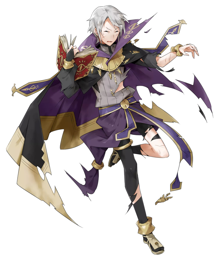 1boy book cape closed_eyes fingerless_gloves fire_emblem fire_emblem:_kakusei fire_emblem_heroes full_body gloves henry_(fire_emblem) highres male_focus official_art open_mouth short_hair solo torn_clothes white_hair