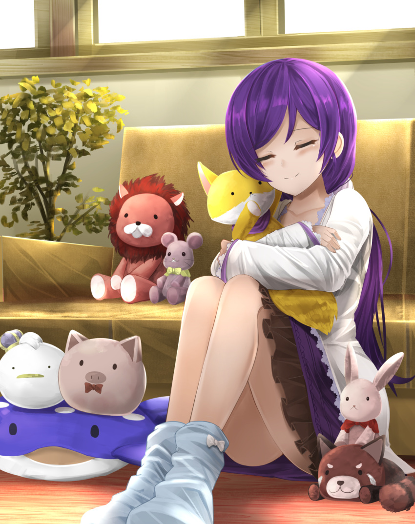 1girl blue_legwear blush closed_eyes closed_mouth collarbone commentary_request couch foreshortening frilled_skirt frills highres knees_up legs_together light_rays long_hair long_sleeves love_live! love_live!_school_idol_project object_hug orein plant potted_plant purple_hair purple_skirt shirt sitting skirt sleeping sleeping_upright sleeves_past_wrists smile socks solo stuffed_animal stuffed_bunny stuffed_fox stuffed_lion stuffed_pig stuffed_toy stuffed_whale sunbeam sunlight thighs toujou_nozomi very_long_hair white_shirt window wooden_floor