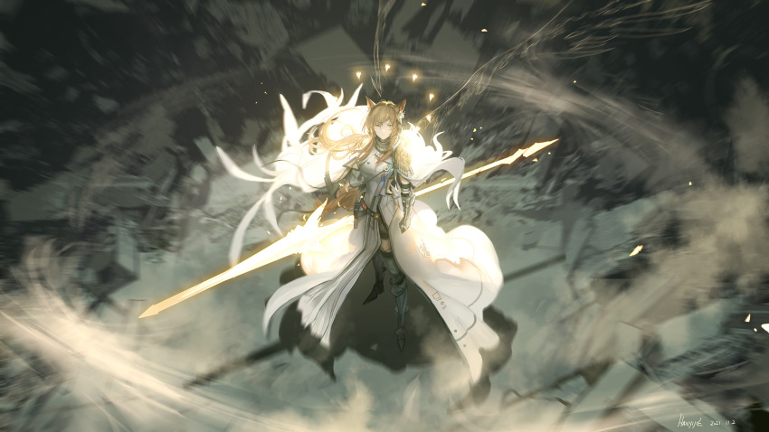 1girl absurdres animal_ear_fluff animal_ears arknights arm_guards armor bangs blonde_hair breasts cape closed_mouth dated dress floating_hair from_above greaves hair_between_eyes han_yijie headset highres long_hair looking_at_viewer looking_up medium_breasts nearl_(arknights) nearl_the_radiant_knight_(arknights) polearm serious signature solo spear standing tail weapon white_cape white_dress wide_shot yellow_eyes