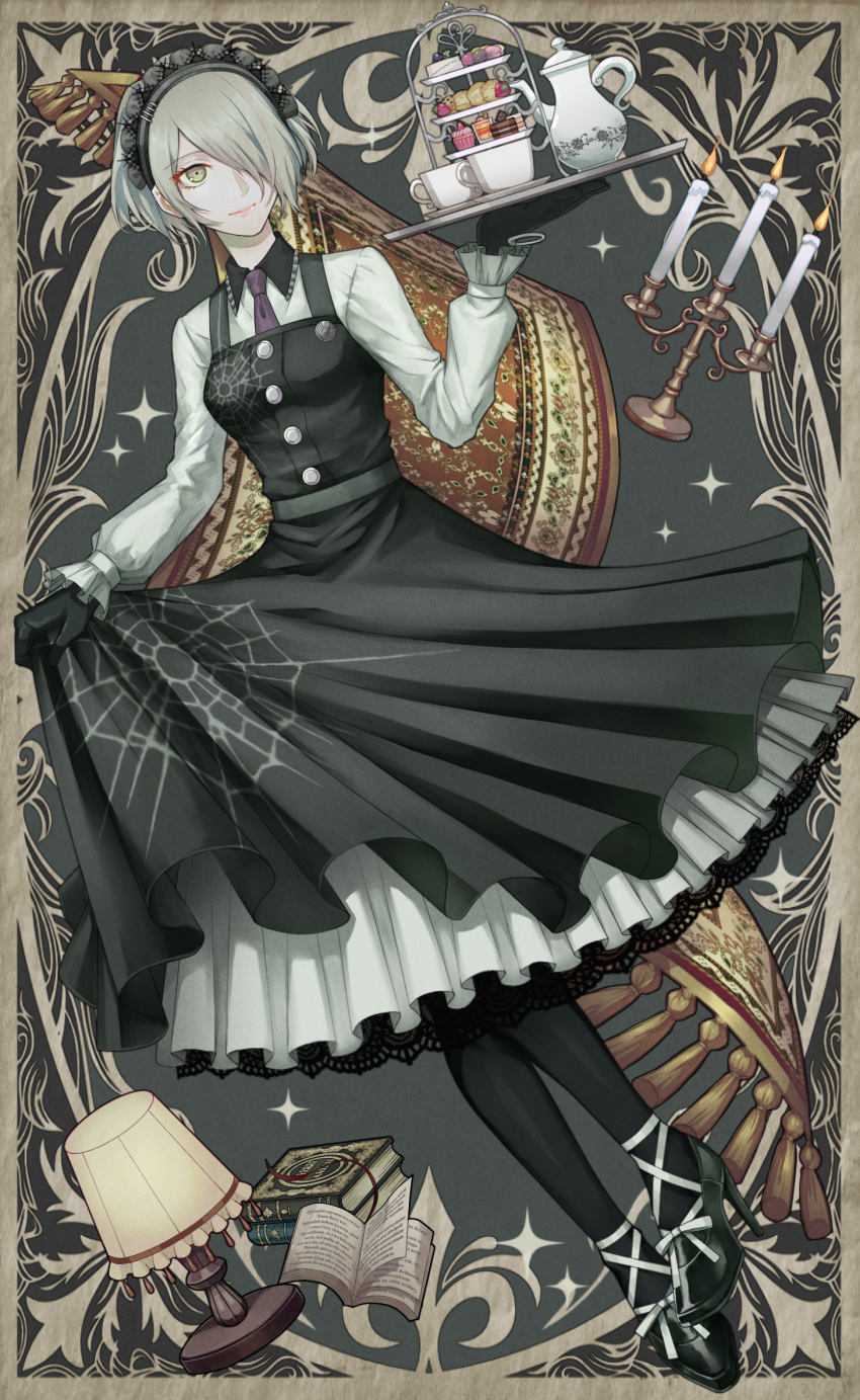 1girl black_gloves book cake candelabra candle collared_shirt dangan_ronpa dress food frilled_sleeves frills gloves green_eyes hair_over_one_eye high_heels highres lamp maid_headdress necktie new_dangan_ronpa_v3 pantyhose pinafore_dress rug shirt short_hair silver_hair smile solo tea tea_set toujou_kirumi tray xino