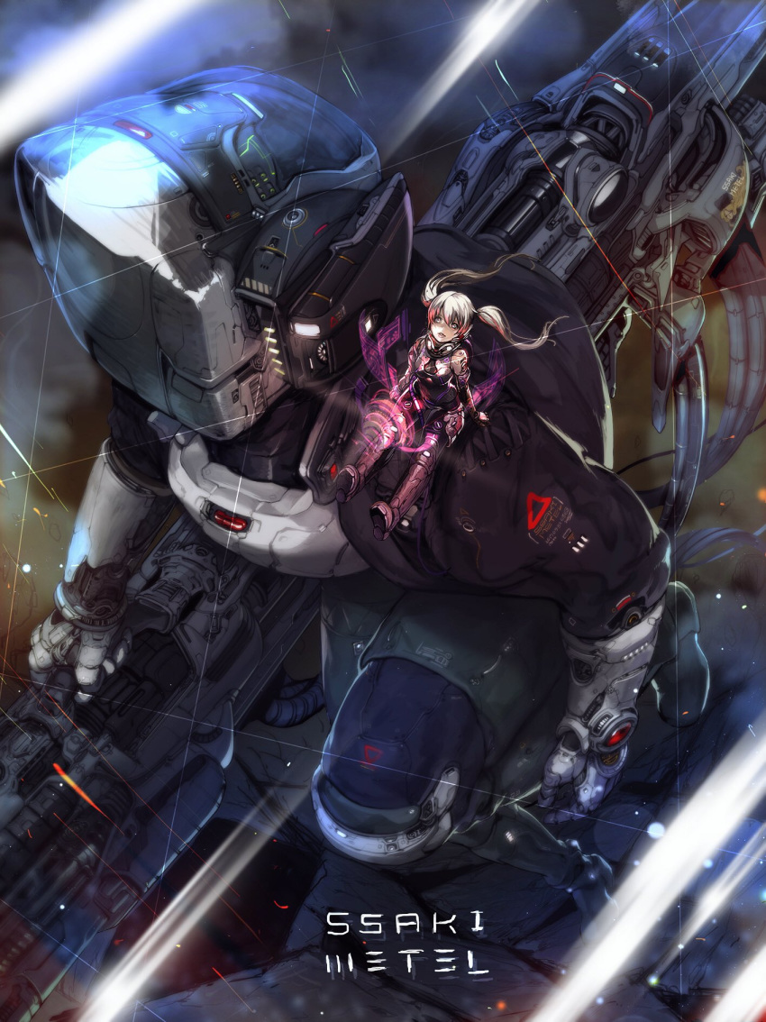 1girl artist_name blonde_hair blue_eyes bodysuit boots breasts clothes_writing energy_gun floating_hair from_above gauntlets gloves gun highres holding holding_gun holding_weapon hologram holographic_interface holographic_monitor long_hair looking_at_viewer looking_up machine mecha original robot science_fiction sitting solo ssaki_metel twintails weapon wind