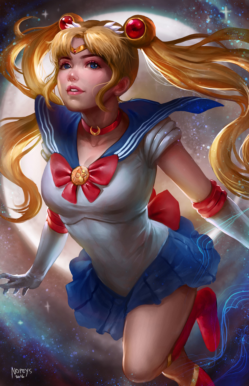 1girl 2016 absurdres artist_name bishoujo_senshi_sailor_moon blonde_hair blue_sailor_collar blue_skirt boots bow bowtie breasts choker collarbone commentary crescent crescent_moon double_bun elbow_gloves full_moon gloves heart_choker highres knee_boots leg_up long_hair looking_at_viewer magical_girl medium_breasts moon norman_de_mesa parted_lips pink_lips pleated_skirt realistic red_boots red_bow red_bowtie red_choker sailor_collar sailor_moon skirt solo sparkle tiara tsukino_usagi twintails very_long_hair white_gloves