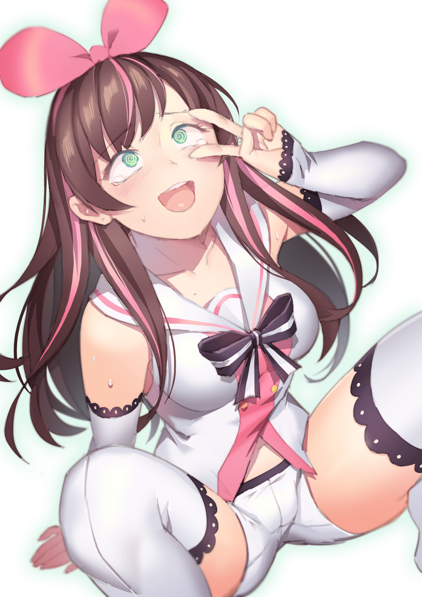 1girl @_@ a.i._channel arm_support arm_warmers bare_shoulders blush bow breasts brown_hair collarbone commentary_request eyebrows_visible_through_hair fiodo green_eyes hair_bow hairband highres kizuna_ai lace lace-trimmed_sleeves lace-trimmed_thighhighs long_hair looking_up medium_breasts multicolored_hair navel open_mouth pink_bow pink_hair pink_hairband sailor_collar shorts simple_background sitting sleeveless solo spread_legs streaked_hair sweat tears thigh-highs thighs two-tone_hair v v_over_eye vest white_legwear white_shorts white_vest