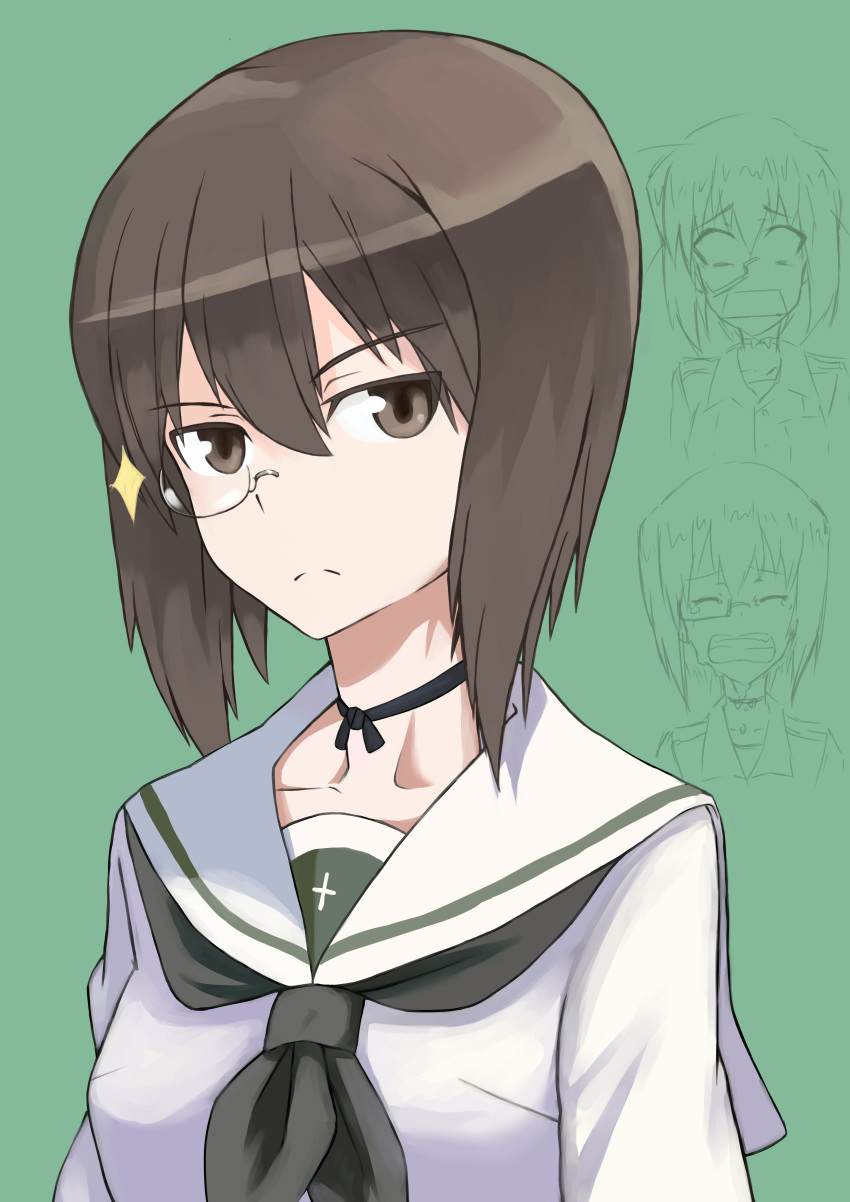 1girl absurdres bangs black_eyes black_hair black_neckerchief black_ribbon blouse closed_mouth commentary_request expressions girls_und_panzer green_background highres jinguuji_(jinguji443) kawashima_momo long_sleeves looking_at_viewer monocle neck_ribbon neckerchief ooarai_school_uniform portrait ribbon school_uniform serafuku shimada_fumikane_(style) short_hair simple_background solo sparkle white_blouse