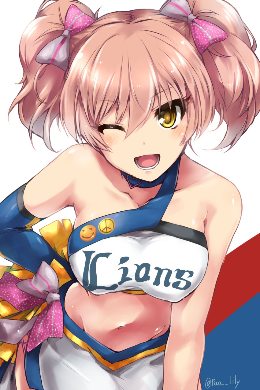 bangs bare_shoulders bow breasts cheerleader choker collarbone elbow_gloves eyelashes gloves hair_bow hand_on_hip highres idolmaster idolmaster_cinderella_girls jougasaki_mika large_breasts leaning_forward midriff navel nippon_professional_baseball one_eye_closed open_mouth paopao peace_symbol pink_hair pom_poms saitama_seibu_lions side_slit simple_background skirt smile smiley_face strapless tubetop twintails twitter_username yellow_eyes