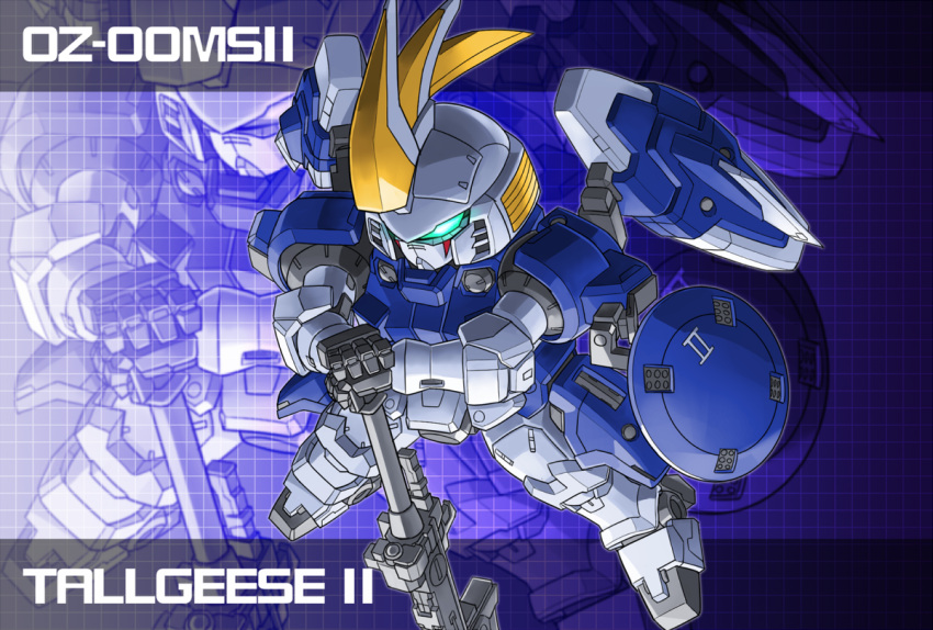 beam_rifle character_name energy_gun glowing glowing_eyes green_eyes gundam gundam_wing mecha memento_vivi no_humans shield tallgeese_ii zoom_layer