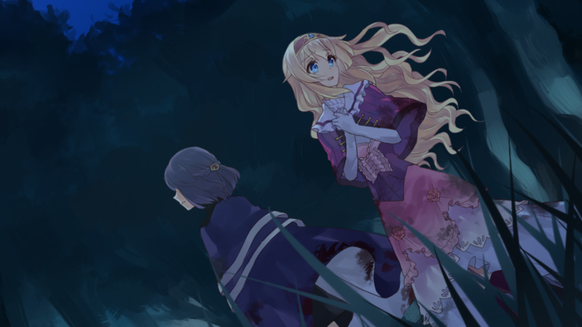 2girls aqua_eyes blue_eyes cloak elbow_gloves eyebrows eyebrows_visible_through_hair fault fault_milestone_one forest frilled_collar frilled_dress game_cg gloves hairband open_mouth pink_eyes purple_hair ritona_reighnvhasta selphine_rughzenhaide shoulder_cape white_gloves
