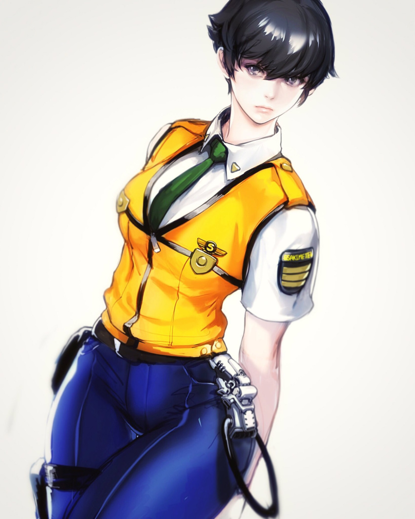 1girl arms_behind_back artist_name bangs black_hair blue_pants breasts closed_mouth collared_shirt commentary_request cowboy_shot dress_shirt gradient gradient_background green_necktie hair_between_eyes highres holster kidou_keisatsu_patlabor lips looking_at_viewer medium_breasts necktie nose original pants police police_uniform policewoman shirt short_hair short_sleeves solo ssaki_metel standing thigh_gap thigh_holster uniform vest violet_eyes white_shirt wing_collar yellow_vest
