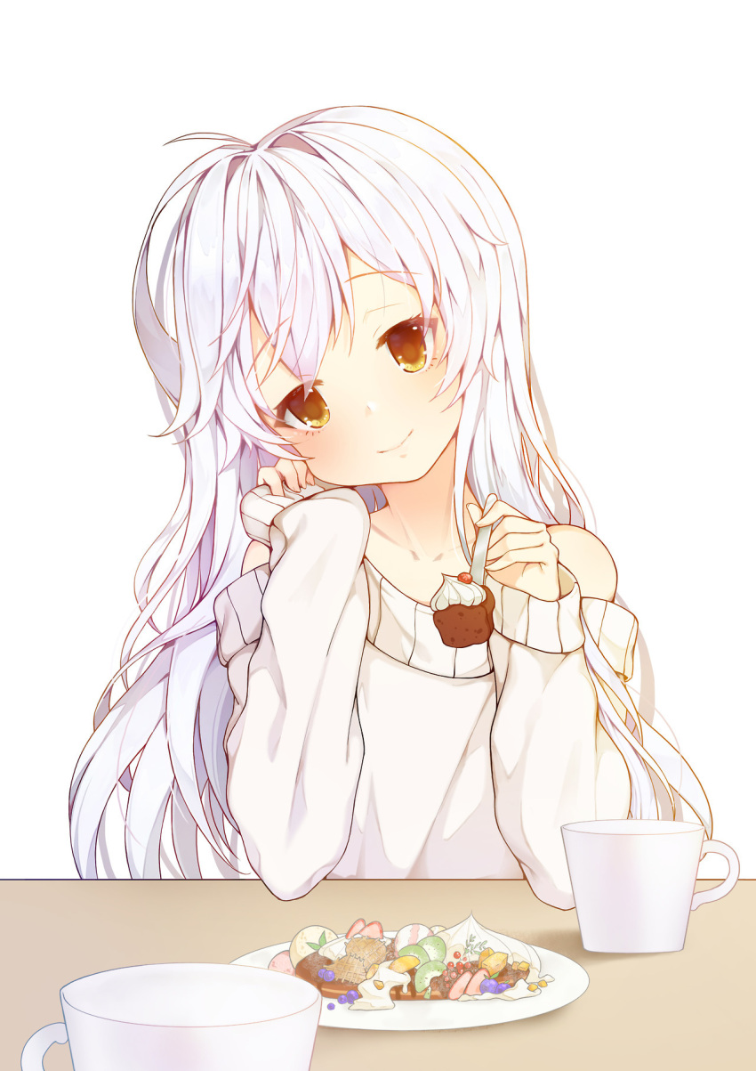 1girl blueberry blush butter cake cherry coffee_mug collarbone cup eyebrows_visible_through_hair food fruit highres holding holding_spoon long_hair looking_at_viewer original pancake plate pov smile solo strawberry sweater table teacup tp_(kido_94) whipped_cream white_hair yellow_eyes