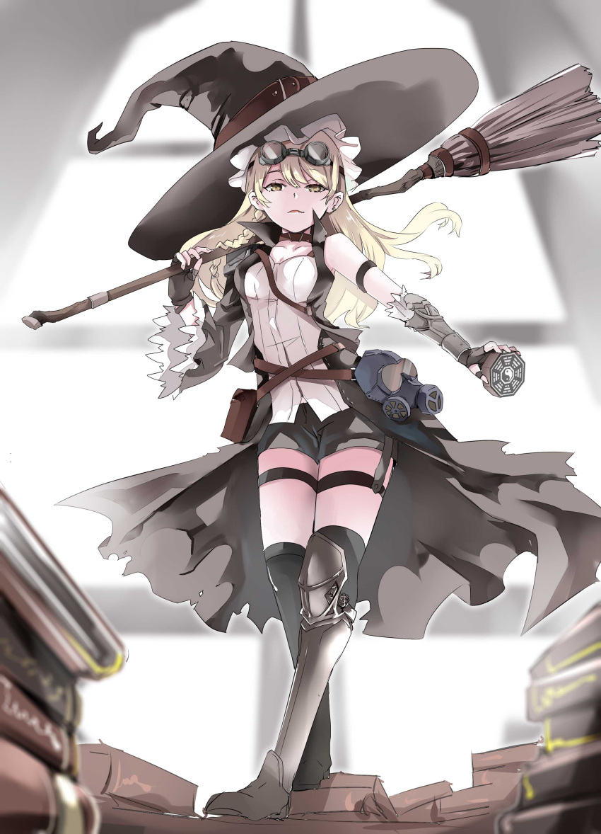 1girl absurdres armor armored_boots bag belt blonde_hair book boots braid broom disdain fingerless_gloves gas_mask gloves goggles goggles_on_head hat highres kabaneneko kirisame_marisa long_hair looking_at_viewer mini-hakkero over_shoulder shorts shoulder_bag single_braid single_sleeve solo steampunk thigh-highs thigh_boots thigh_strap touhou vambraces vest witch_hat yellow_eyes