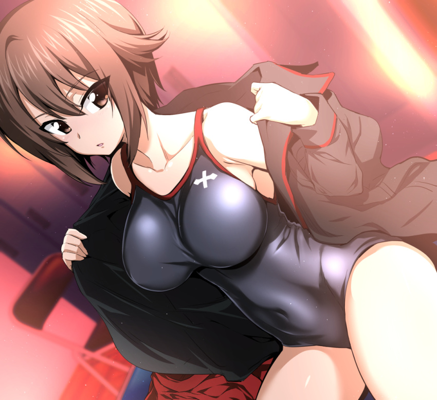 1girl black_swimsuit blurry breasts brown_eyes brown_hair chair collarbone covered_navel cowboy_shot depth_of_field dutch_angle folding_chair girls_und_panzer hair_between_eyes kuromorimine_military_uniform large_breasts locker_room nakahira_guy new_school_swimsuit nishizumi_maho off_shoulder one-piece_swimsuit open_clothes open_shirt parted_lips shirt short_hair sitting solo swimsuit swimsuit_under_clothes taut_clothes taut_swimsuit undressing