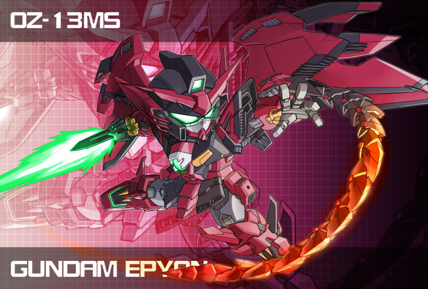 beam_saber character_name glowing glowing_eyes green_eyes gundam gundam_epyon gundam_wing mecha memento_vivi no_humans whip_sword wings zoom_layer