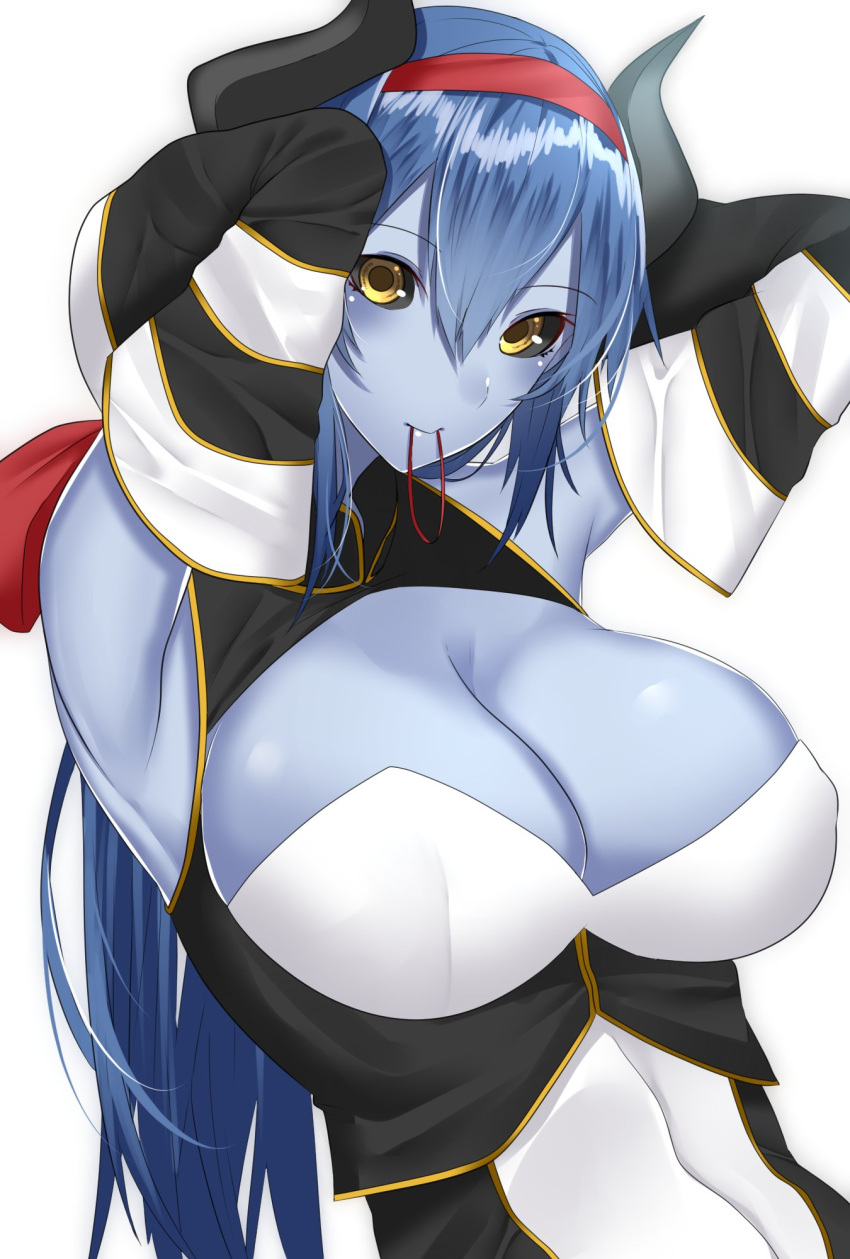 1girl armpits arms_behind_head arms_up bangs bare_shoulders black_sclera blue_hair blue_skin breasts cleavage cleavage_cutout closed_mouth commentary_request demon_girl demon_horns detached_sleeves dress hair_between_eyes hair_ornament hair_ribbon hair_tie highres horns large_breasts looking_at_viewer low_ponytail mouth_hold onineko-chan original red_ribbon ribbon simple_background sleeveless smile solo tying_hair upper_body white_background wide_sleeves yellow_eyes