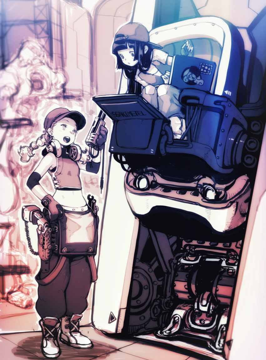 2girls absurdres artist_name bangs bare_shoulders baseball_cap belt black_hair blunt_bangs braid brown_gloves crop_top elbow_pads full_body gloves hand_on_hip hat headphones headphones_around_neck highres holster long_hair looking_at_another mecha mechanic mechanical midriff multiple_girls navel original outdoors overalls robot science_fiction shoes sleeveless ssaki_metel standing suspenders twin_braids upper_teeth utility_belt wrench