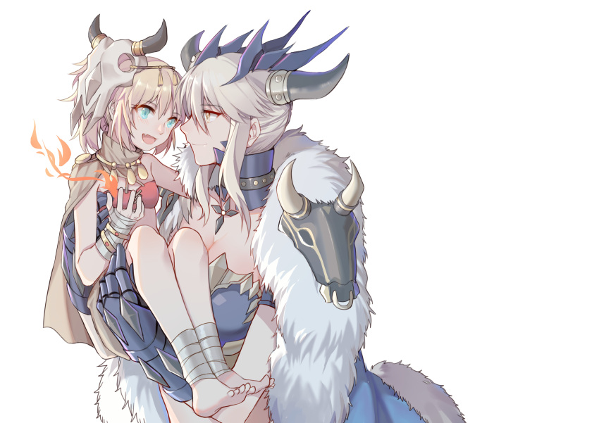 2girls absurdres ankle_wraps aqua_eyes artoria_pendragon_alter_(fate/grand_order) bandeau bangs barefoot blonde_hair blush breasts brown_eyes carrying cloak eyebrows_visible_through_hair fang fate/apocrypha fate/grand_order fate_(series) fire fur_trim gauntlets grey_hair hair_between_eyes hand_up highres horns large_breasts light_smile looking_at_another mask mask_on_head mother_and_daughter multiple_girls open_mouth princess_carry saber saber_(fate) saber_alter saber_of_red short_hair_with_long_locks sidelocks simple_background skull_mask small_breasts smile upper_body white_background wrist_wraps yorukun